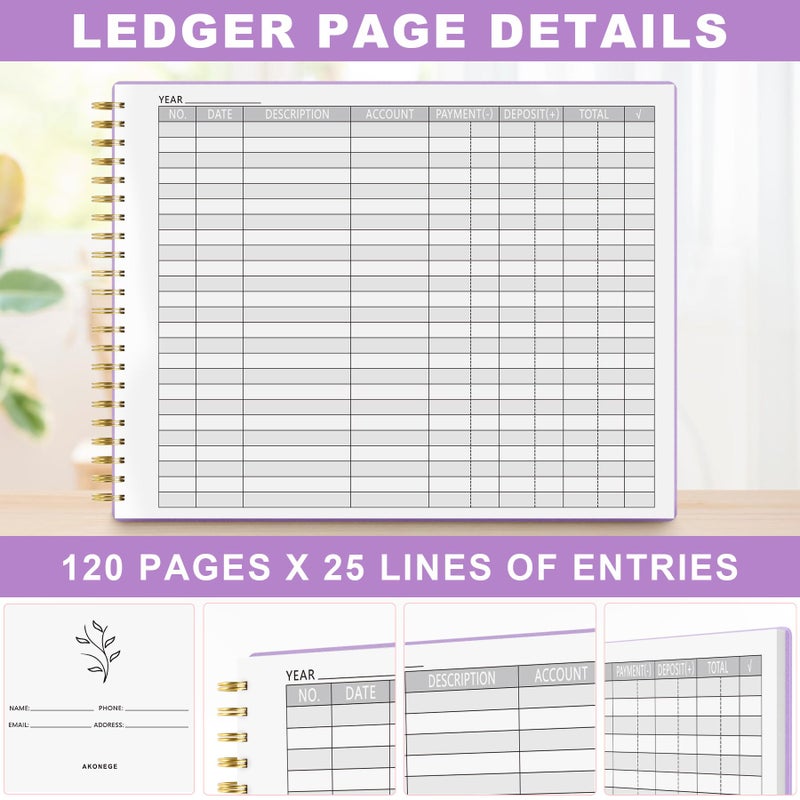 AKONEGE Accounting Ledger Book for Small Business Bookkeeping & Personal Use  Horizontal Expense Tracker Notebook for Family Budget  Bookkeeping Record Book Money Expense & Income Log Journal  Purple - Image 3